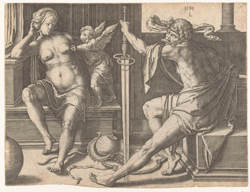 Gravura de Lucas van Leyden mostrando Marte, Vênus e Cupido em uma cena delicada.