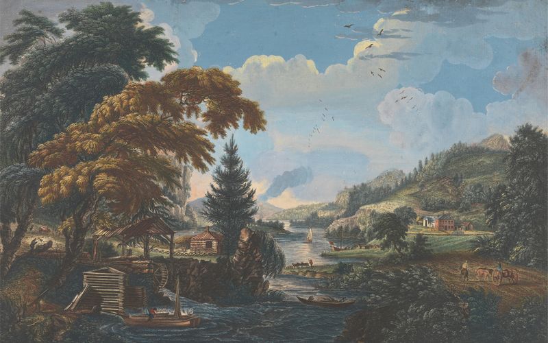 Gravura de Paul Sandby mostrando colinas e um céu tranquilo
