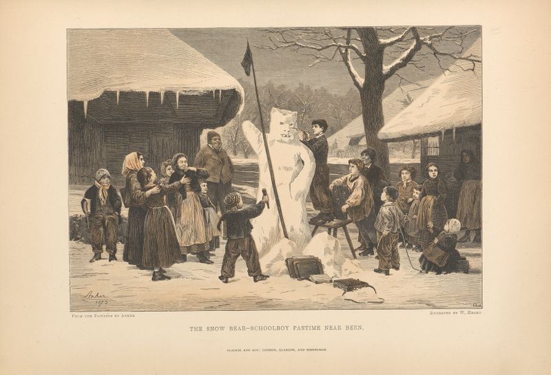 El Oso de Nieve—Pasatiempo Escolar cerca de Berna de Theodor Gsell Fels, 1881, niños jugando en la nieve.