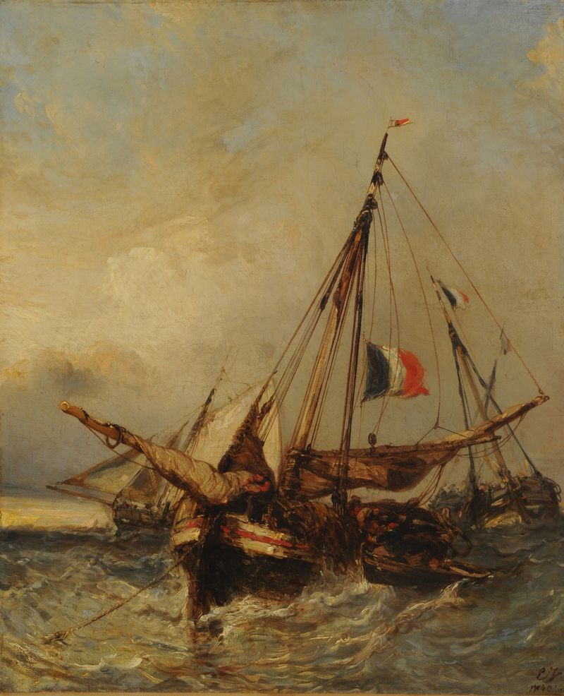 Marina de Eugène Isabey, pintura a óleo que retrata reflexos na água e ao pôr do sol.