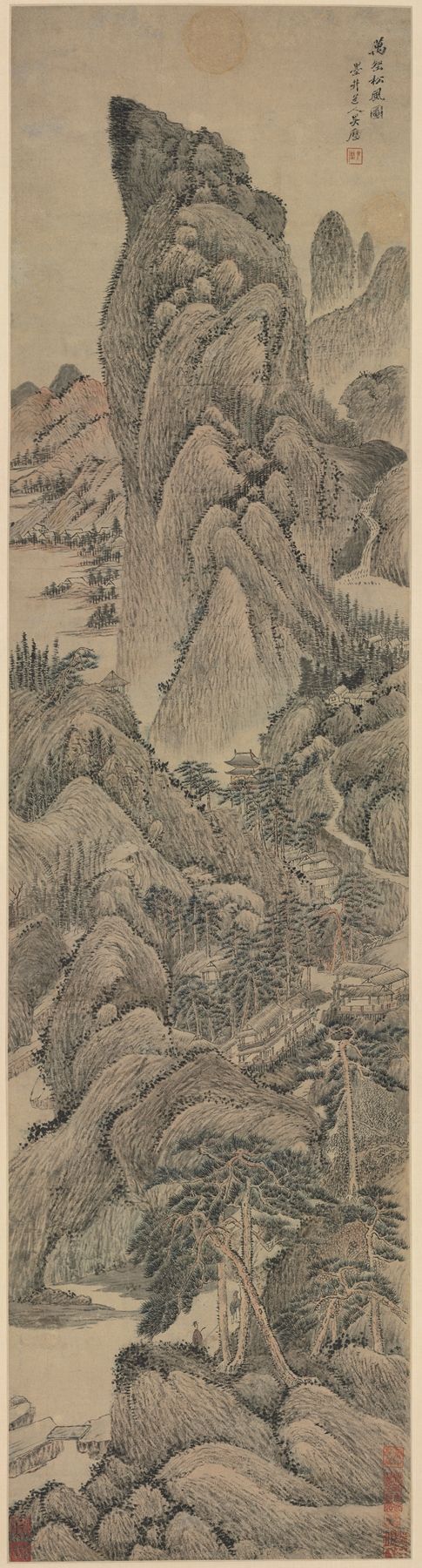 Pine Wind from Myriad Villages de Wu Li, tinta sobre papel, representando altos pinos moviéndose con el viento.