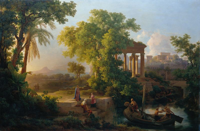 Landschaft mit der Berufung des Hl. Petrus by Károly Markó, oil painting depicting a serene river landscape.