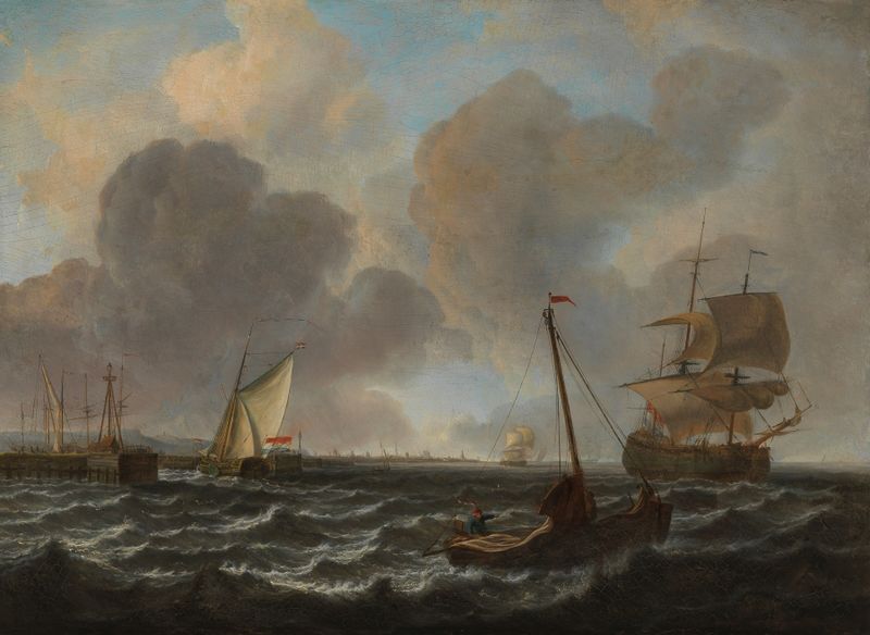 Escena marina con un yate en el agua de Frans Balthazar Solvijns, pintura al óleo