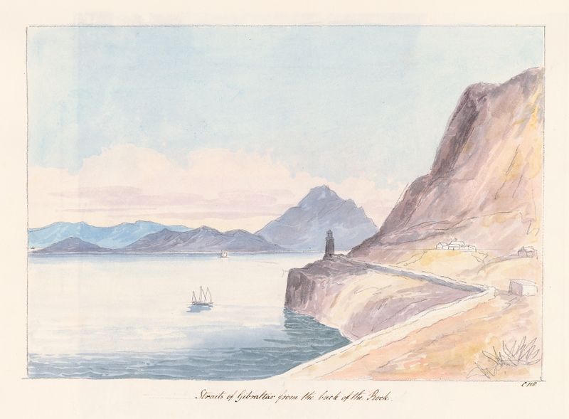 Straits of Gibraltar óleo de Charles Hamilton Smith mostrando penhascos e mar.