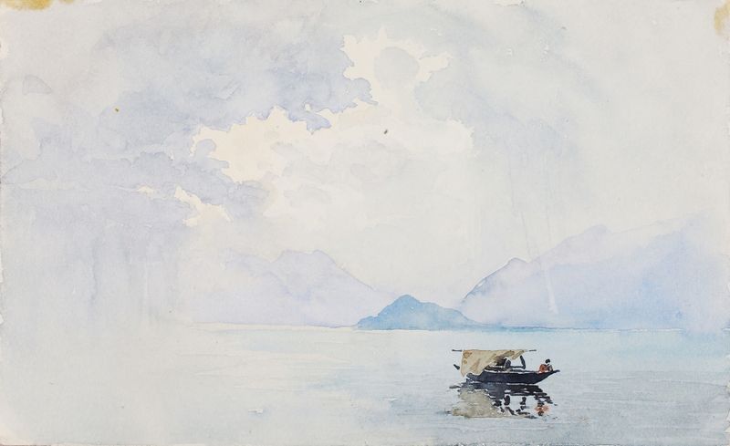Rain, Bellagio by George Elbert Burr, oil on canvas depicting a lake with rain clouds and trees.