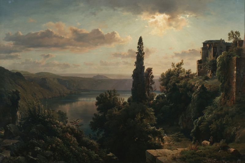 Paisagem de lago e colinas, óleo sobre tela de Louis Gurlitt