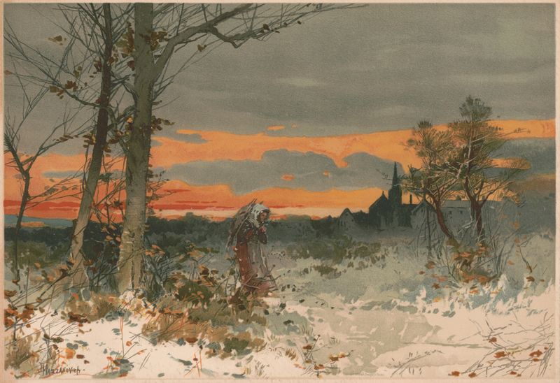 Winter landscape with a solitary figure by J. Mazzanovich, oil painting