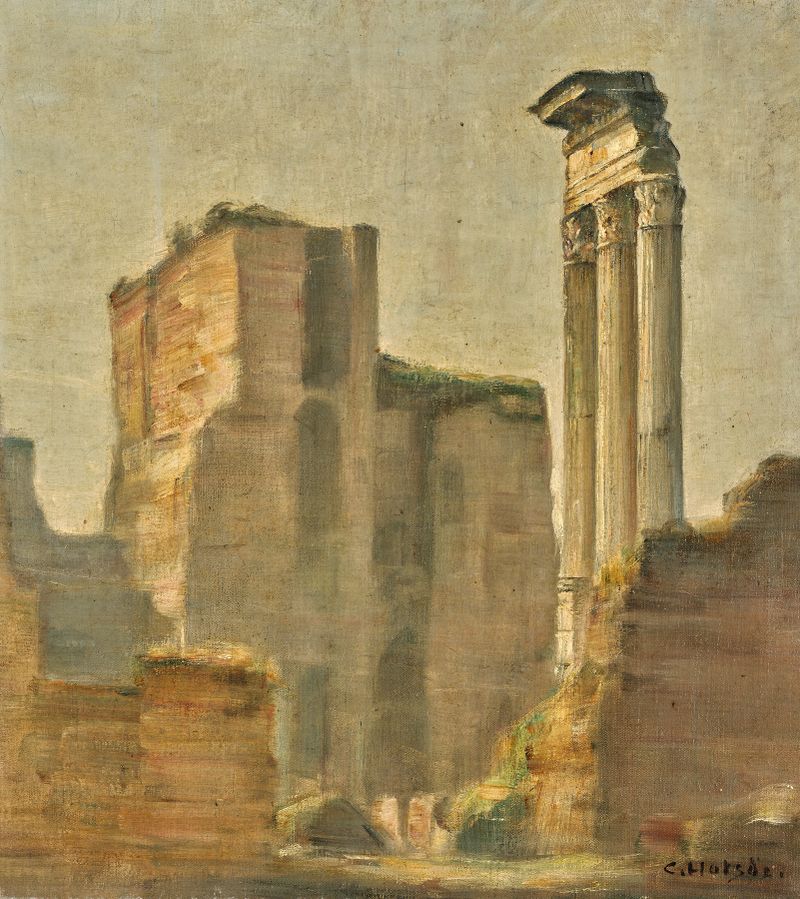 Vista do Fórum Romano por Carl Holsøe, óleo sobre tela, retratando ruínas antigas ao amanhecer.