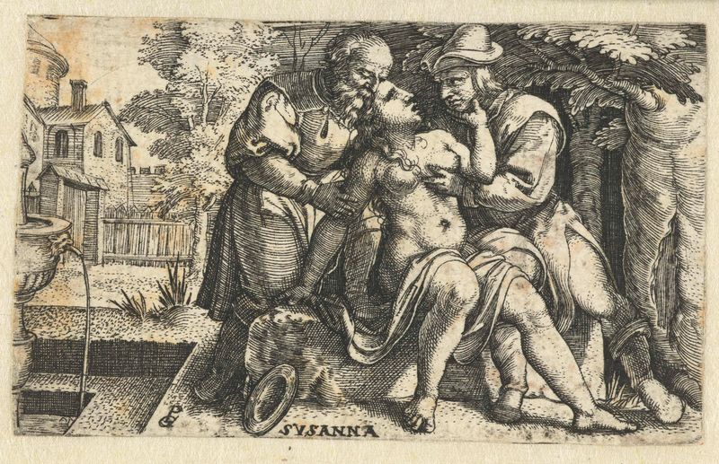Gravura de Georg Pencz mostrando Susanna e dois anciãos em um momento tenso.