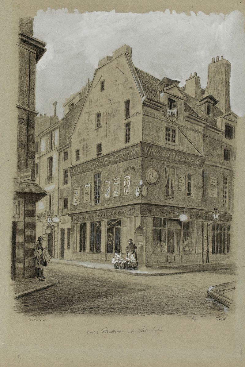 Paisaje urbano en óleo de Robert Frémont que muestra calles vibrantes.