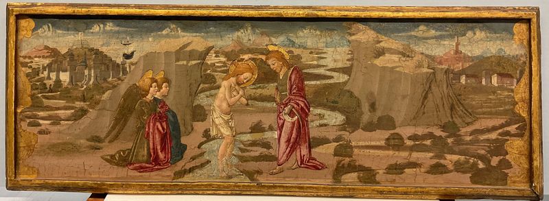 Renaissance wood artwork by Neri di Bicci depicting Christ's baptism in water.