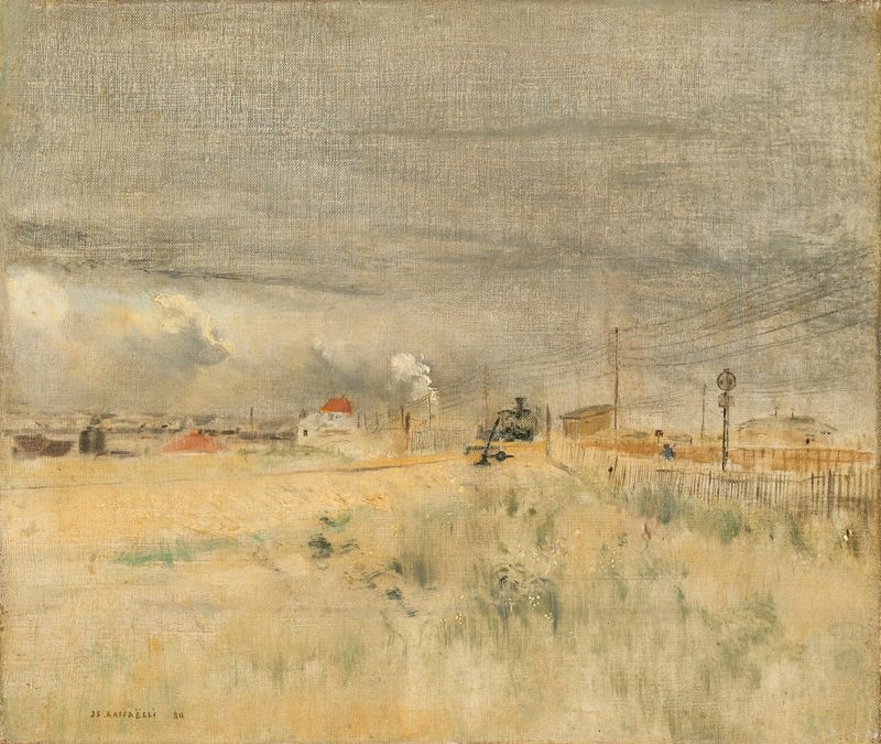 Locomotive en manœuvre, oil on canvas by Jean François Raffaëlli, depicting a locomotive in an industrial landscape.