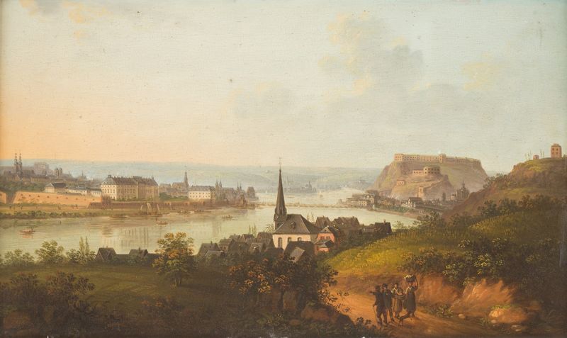 Paisaje del río Rin con la fortaleza Ehrenbreitstein de Jakob Diezler, pintura al óleo