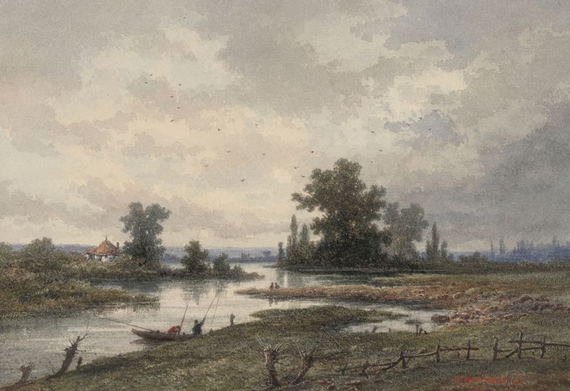 Paisagem do Rio Lys perto de Ghent, pintura a óleo de Emile Puttaert