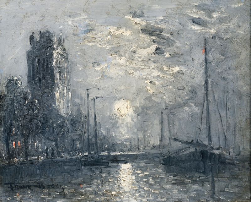 A River in Moonlight de Frank William Boggs, pintura a óleo impressionista de um rio sob a luz da lua.