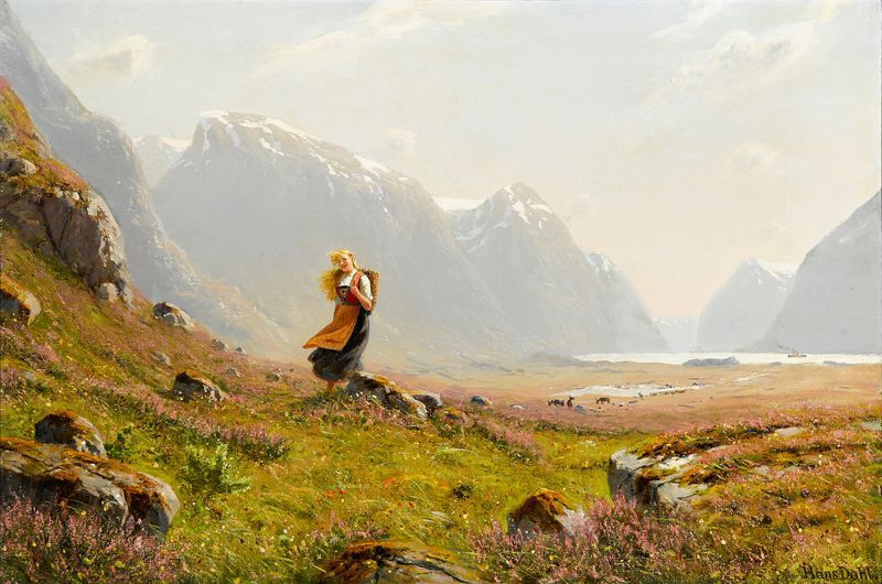 Figurative oil painting by Hans Dahl featuring a young girl in golden light among trees.