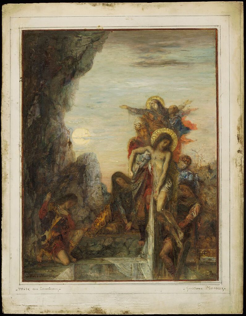 The Entombment by Gustave Moreau, oil on panel, depicting figures illuminated by light in a moment of despair.