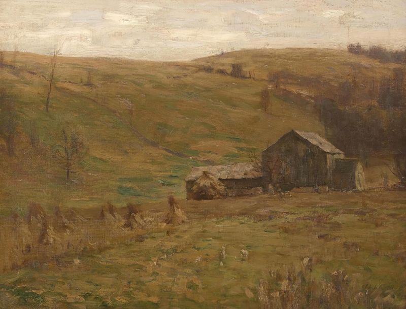 Hilly Pastures, oil on canvas by William Langson Lathrop, depicting rolling hills and earthy tones.