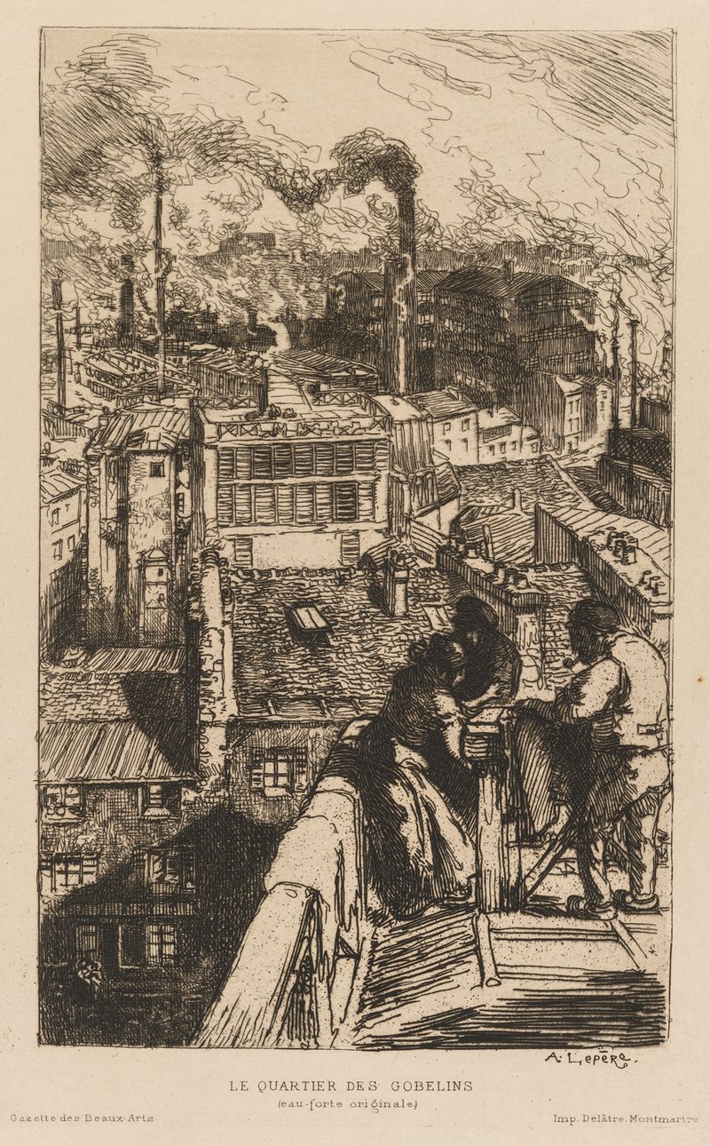Le Quartier des Gobelins de Auguste Louis Lepère, escena de género impresionista que representa una calle bulliciosa