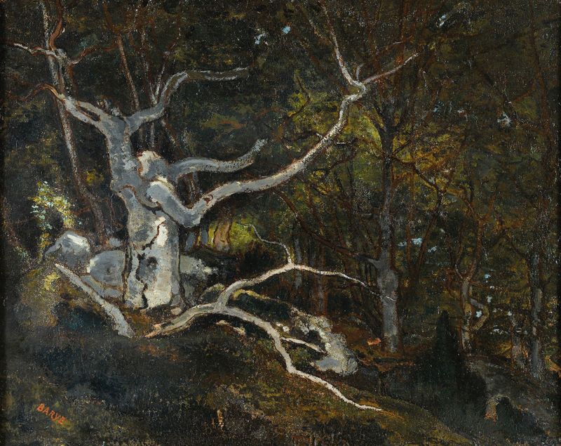 Forest Of Fontainebleau, The ‘reine Blanche’ by Antoine-Louis Barye, oil painting of a lush forest scene.