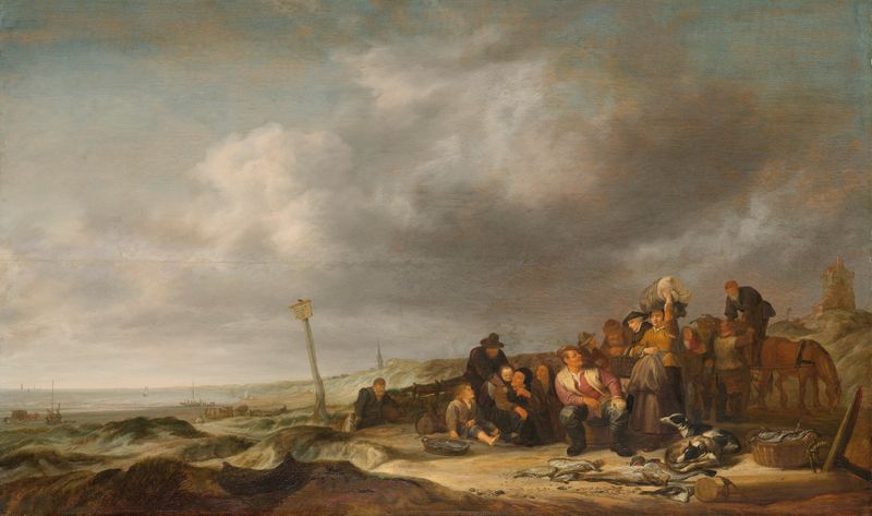 Beach with Fishermen by Simon de Vlieger, oil painting depicting fishermen on a beach