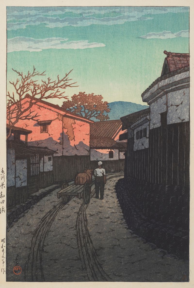 Kagawa-ken Wadahama de Kawase Hasui, Ukiyo-e, representando niebla sobre suaves olas y un mar tranquilo.