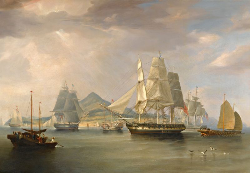 The Opium Ships At Lintin, China by William John Huggins, oil painting of ships sailing on water.