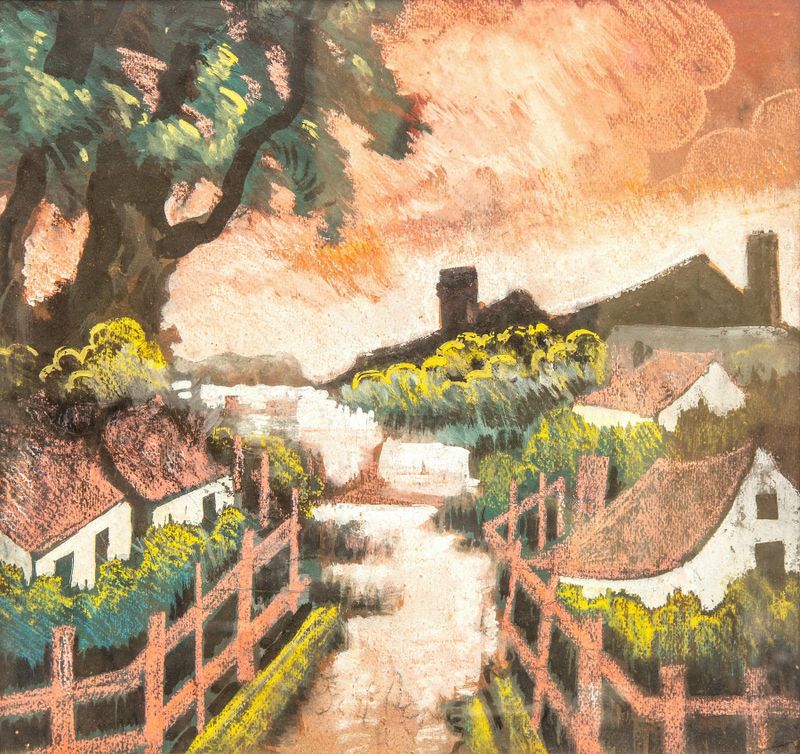 Paisagem de aldeia pintura a óleo de Hugo Scheiber com verdes suaves e colinas distantes