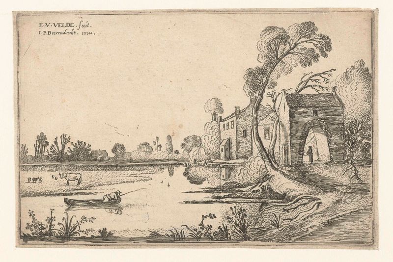 Landschap met rivier en poortgebouw, etching by Esaias van de Velde, featuring a river and a gate.