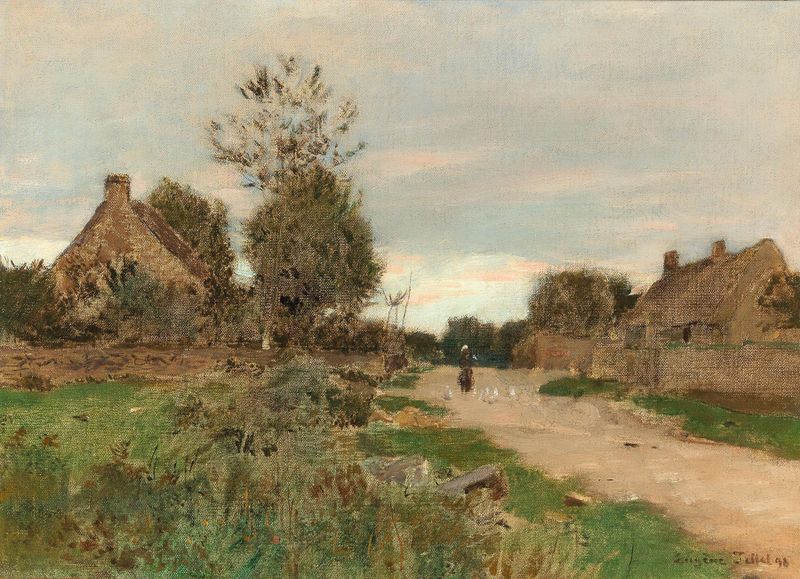 Paisaje de Eugen Jettel, que representa colinas suaves y un pueblo bajo la luz suave de la mañana.