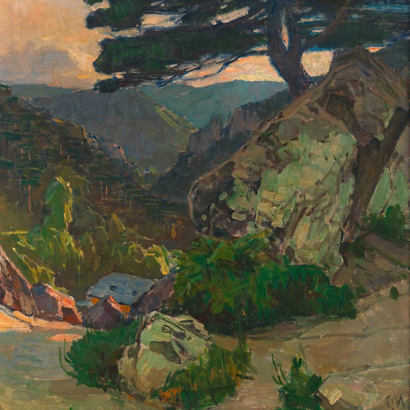 Paisagem que retrata colinas e natureza em pintura a óleo de Carl Moll