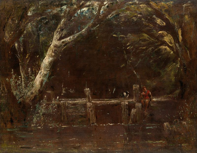 Landscape (The Lock) by John Constable, oil on canvas, depicting a tranquil river with sunlight reflections.