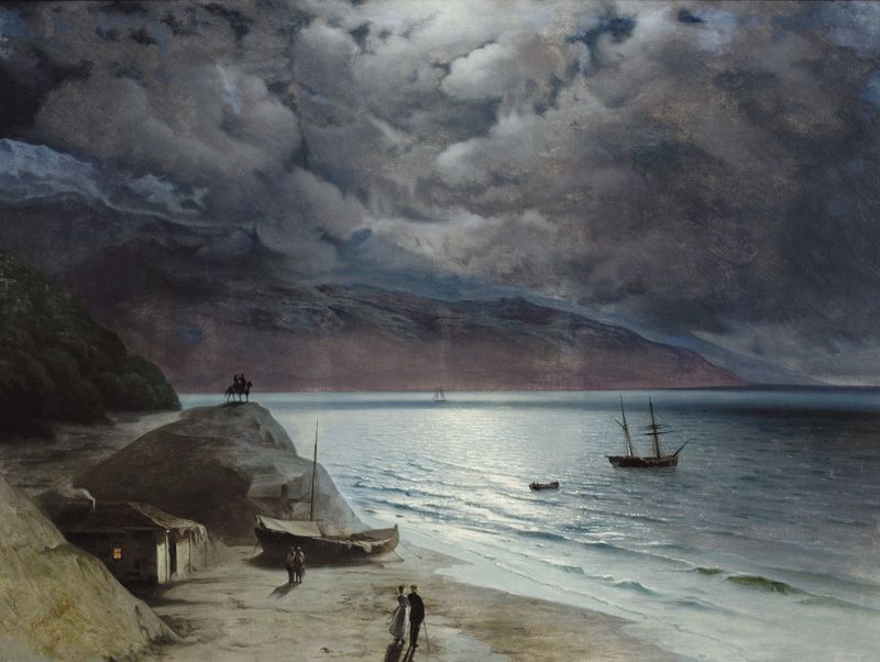 Noche en Gurzof de Ivan Konstantinovich Aivazovsky, óleo de un faro por la noche.