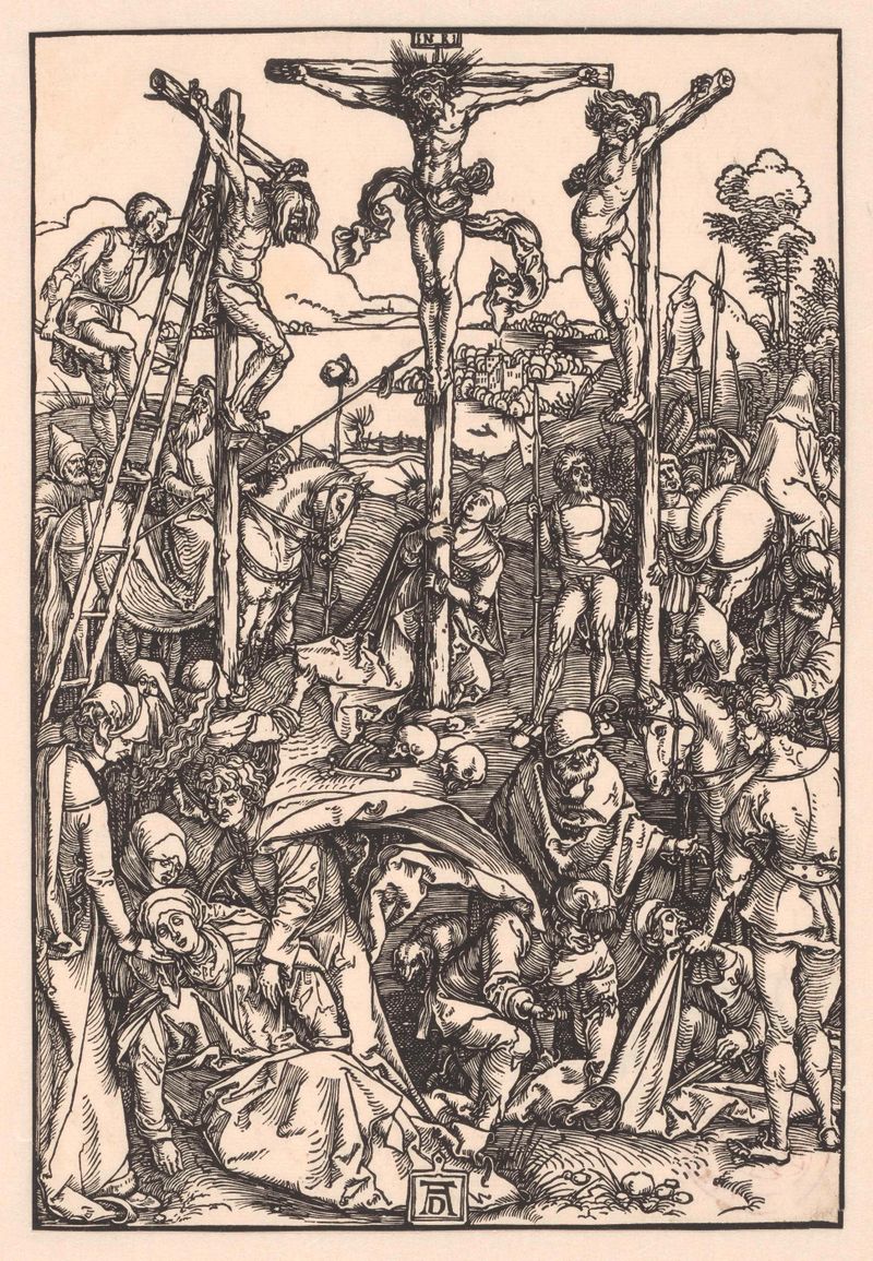 Kruisiging de Albrecht Dürer, meio papel, retratando Cristo crucificado em agonia.