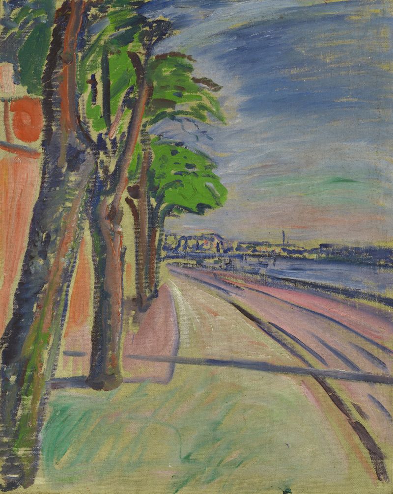 Trees By The Canal, óleo de Edvard Munch, con altos árboles junto a un canal.