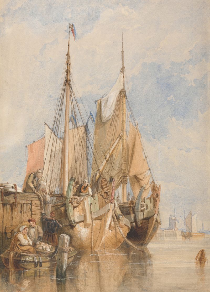 Dutch Fishing Vessels by a Quay, oil on canvas by Clarkson Stanfield showing fishing boats at a quay.