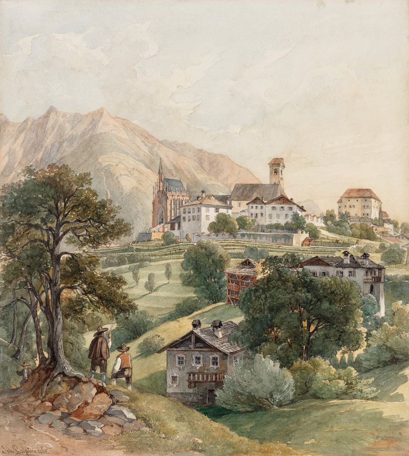 Landscape with lush greenery and a vast sky by Johann Nepomuk Passini, oil painting
