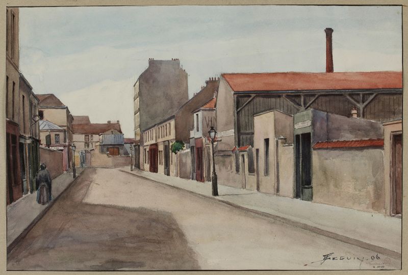 Rue Brancion de F. Séguin, óleo sobre lienzo que muestra un camino de adoquines bajo un cielo apagado.