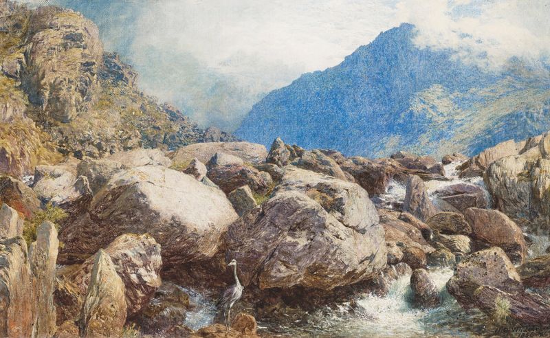 Cena de cachoeira de Henry Clarence Whaite, Romantismo, retratando águas em cascata no País de Gales.