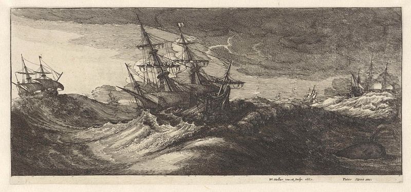 Oorlogsschepen en een walvis in een zeestorm, etching by Wenceslaus Hollar depicting ships and a whale in a stormy sea.