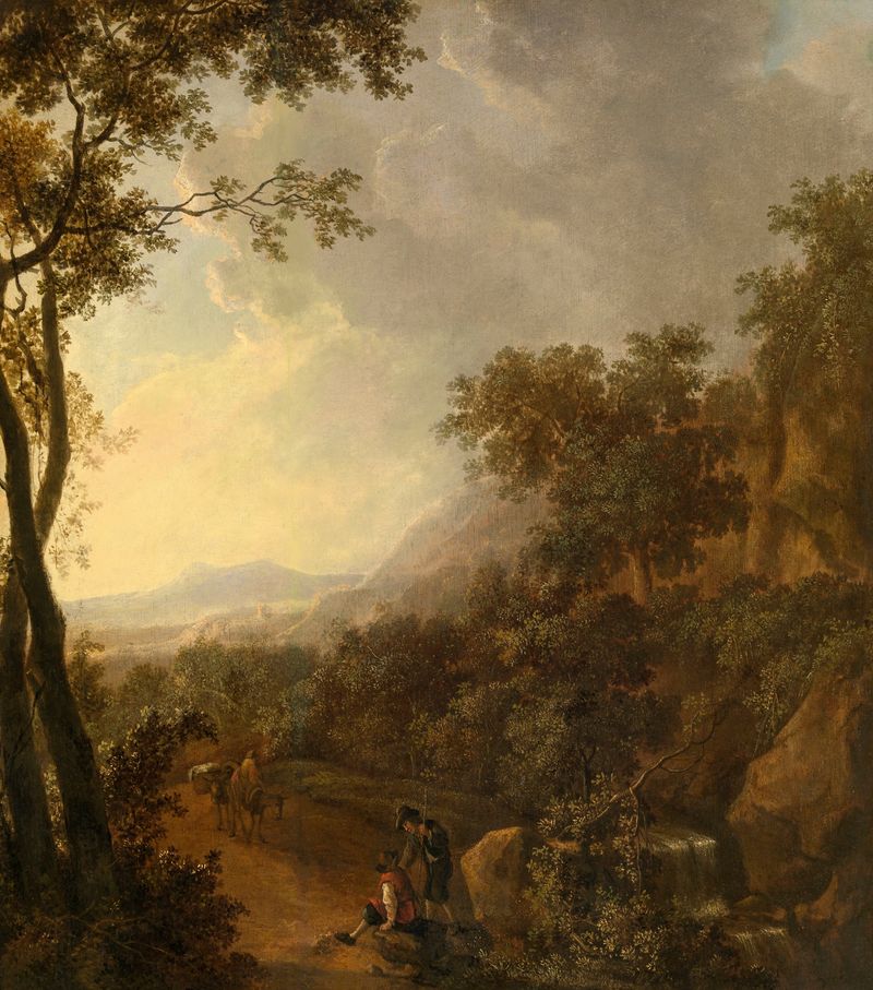 Italian Landscape de Willem de Heusch, óleo sobre lienzo, mostrando un horizonte sereno con verdes y marrones apagados.