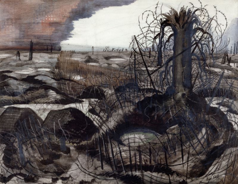 Abstract composition of barbed wire by Paul Nash, 1918, highlighting themes of conflict and loss.