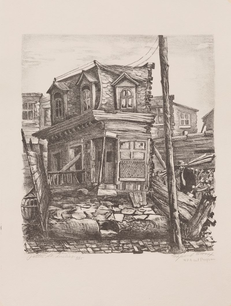 Paisaje que representa edificios en ruinas, óleo de Raymond Steth