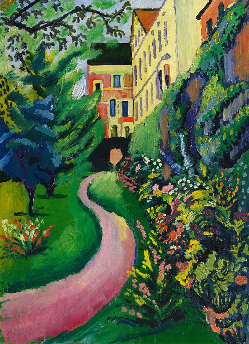Oil painting by August Macke depicting a vibrant garden with colorful flowers