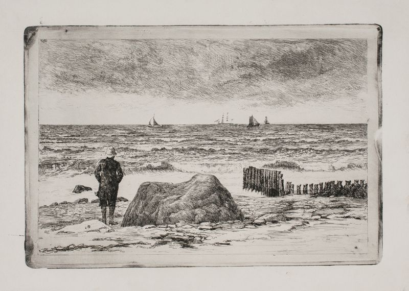 Marine scene with turbulent waves and dark clouds by Carl Bloch, oil painting