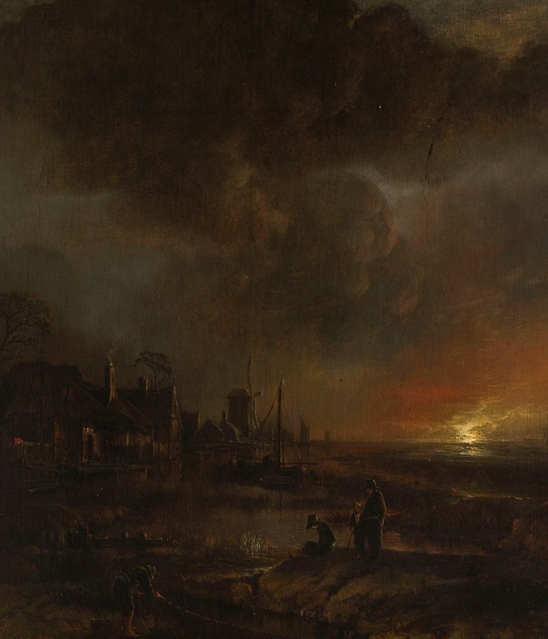Fishing at Night, óleo sobre tela de Aert van der Neer, retratando pescadores na água à noite.