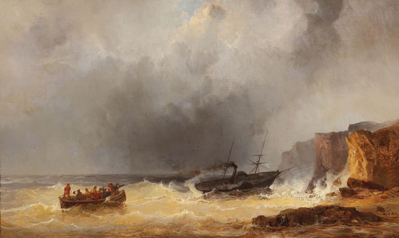 Navio a vapor em apuros no mar, óleo sobre tela de Josef Carl Berthold Püttner