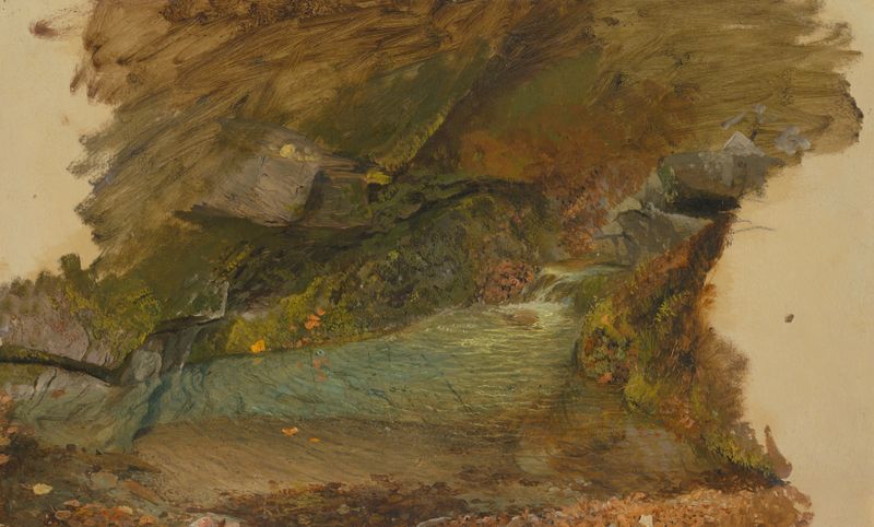 Woodland stream de Frederic Edwin Church, pintura al óleo que representa un paisaje forestal sereno.