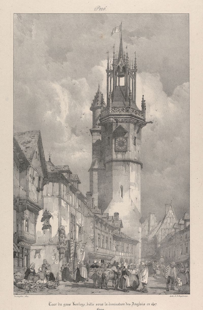 Tour du Gros Horloge, uma pintura a óleo de Richard Parkes Bonington, representando uma torre medieval.
