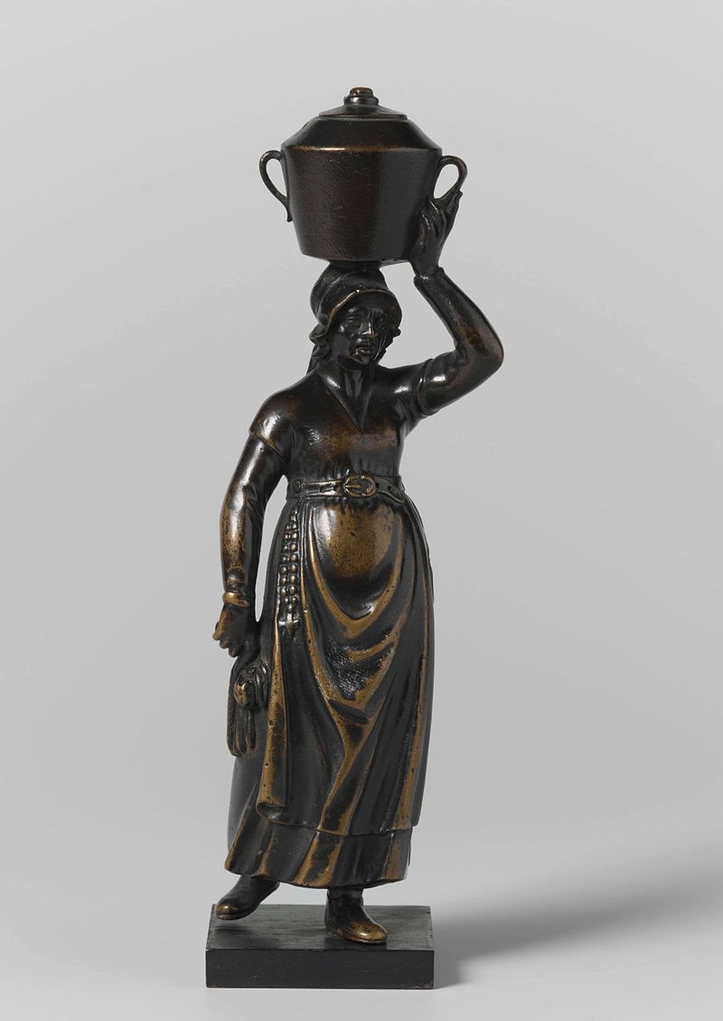 Bronze sculpture of an elderly peasant woman with a milk kettle by Barthélemy Prieur